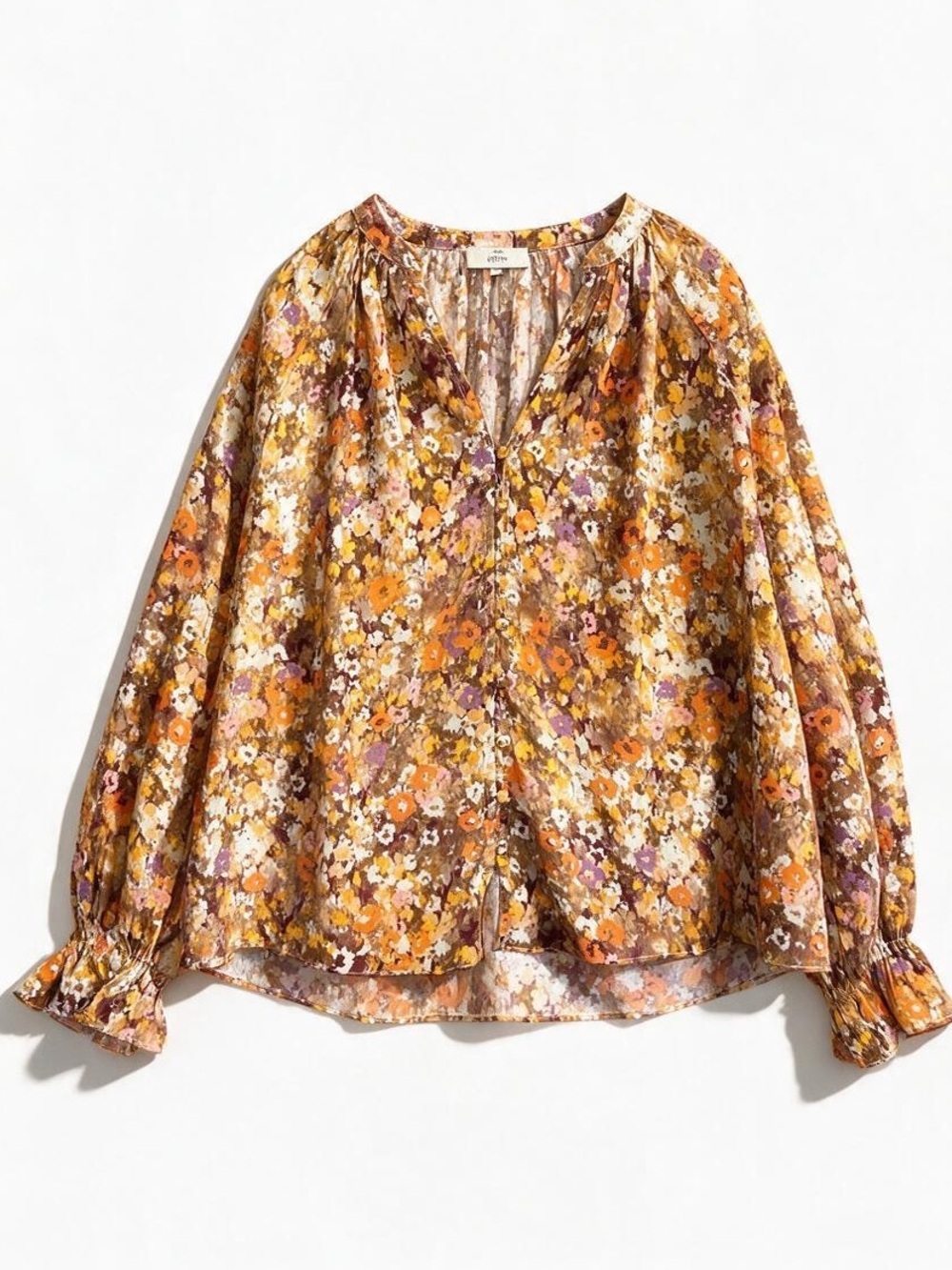 Entro Floral Button Front Long Sleeve Loose Fit Peasant Blouse Size Small